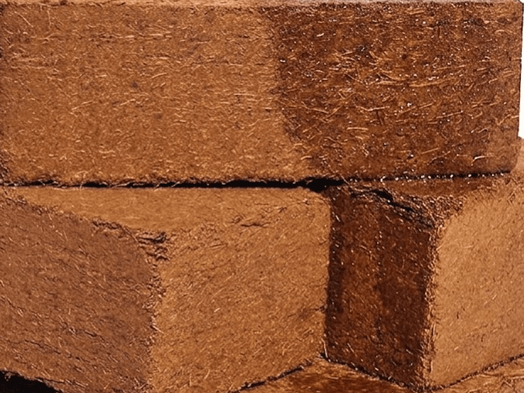 Close-up of compressed cocopeat blocks stacked face to face, their cut surfaces a dense mat of pale brown coir fibre.